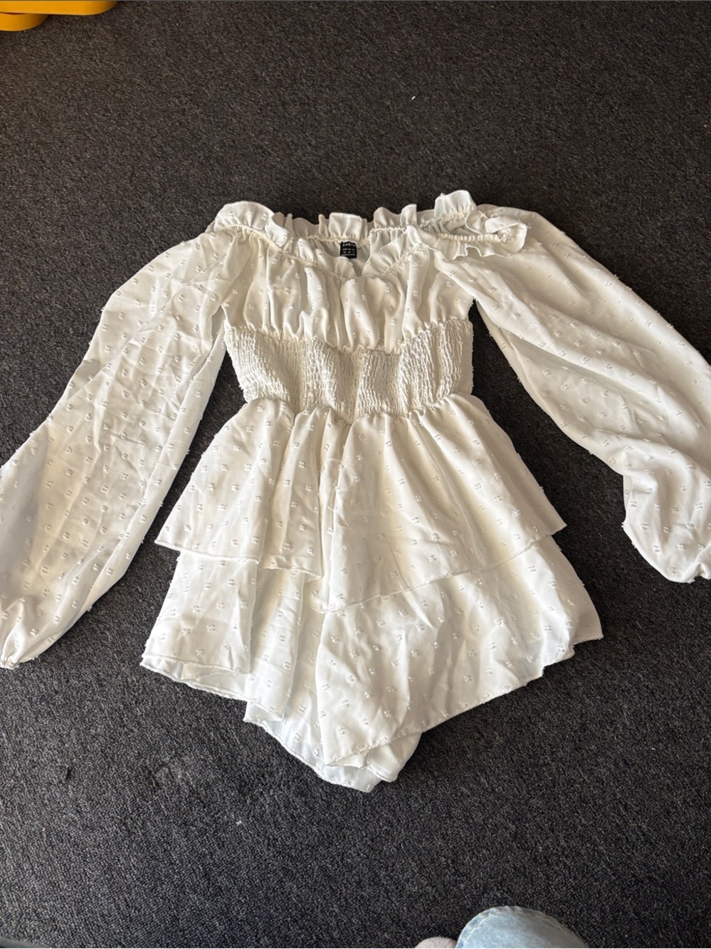 SHEIN White Off-Shoulder Smocked Waist Eyelet Romper